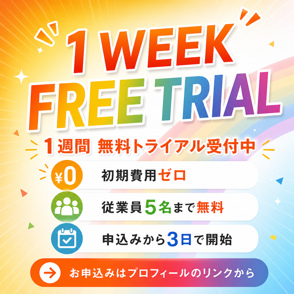 初期費用ゼロ・従業員5名まで無料・申込から3日で開始